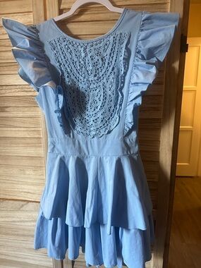 Light Blue Ruffle Crochet Front Romper